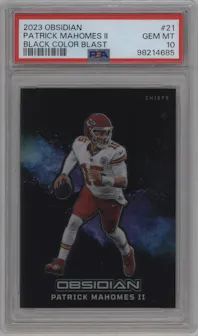 Patrick Mahomes II from the 2023 Panini Obsidian set graded by PSA and given an overall grade of 10.