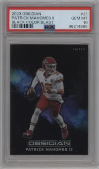 Patrick Mahomes II from the 2023 Panini Obsidian set graded by PSA and given an overall grade of 10.