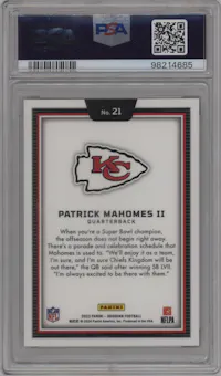 Patrick Mahomes II from the 2023 Panini Obsidian set graded by PSA and given an overall grade of 10.