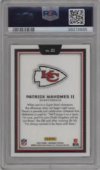 Patrick Mahomes II from the 2023 Panini Obsidian set graded by PSA and given an overall grade of 10.
