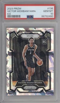 Victor Wembanyama from the 2023-24 Panini Prizm set featuring a Ice Prizm parallel graded by PSA and given an overall grade of 10.