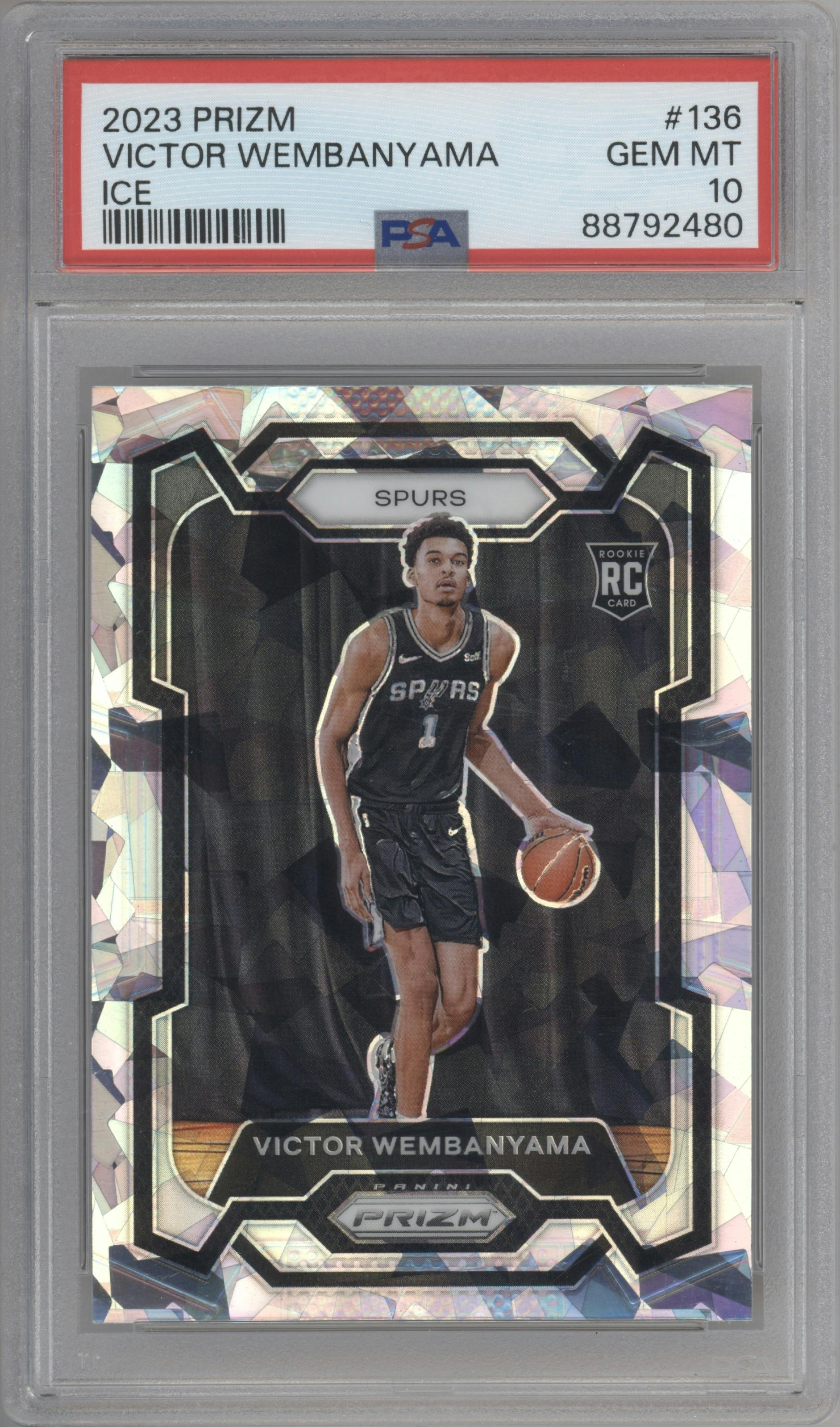 Victor Wembanyama from the 2023-24 Panini Prizm set featuring a Ice Prizm parallel graded by PSA and given an overall grade of 10.