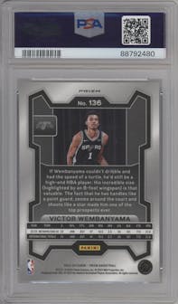 Victor Wembanyama from the 2023-24 Panini Prizm set featuring a Ice Prizm parallel graded by PSA and given an overall grade of 10.