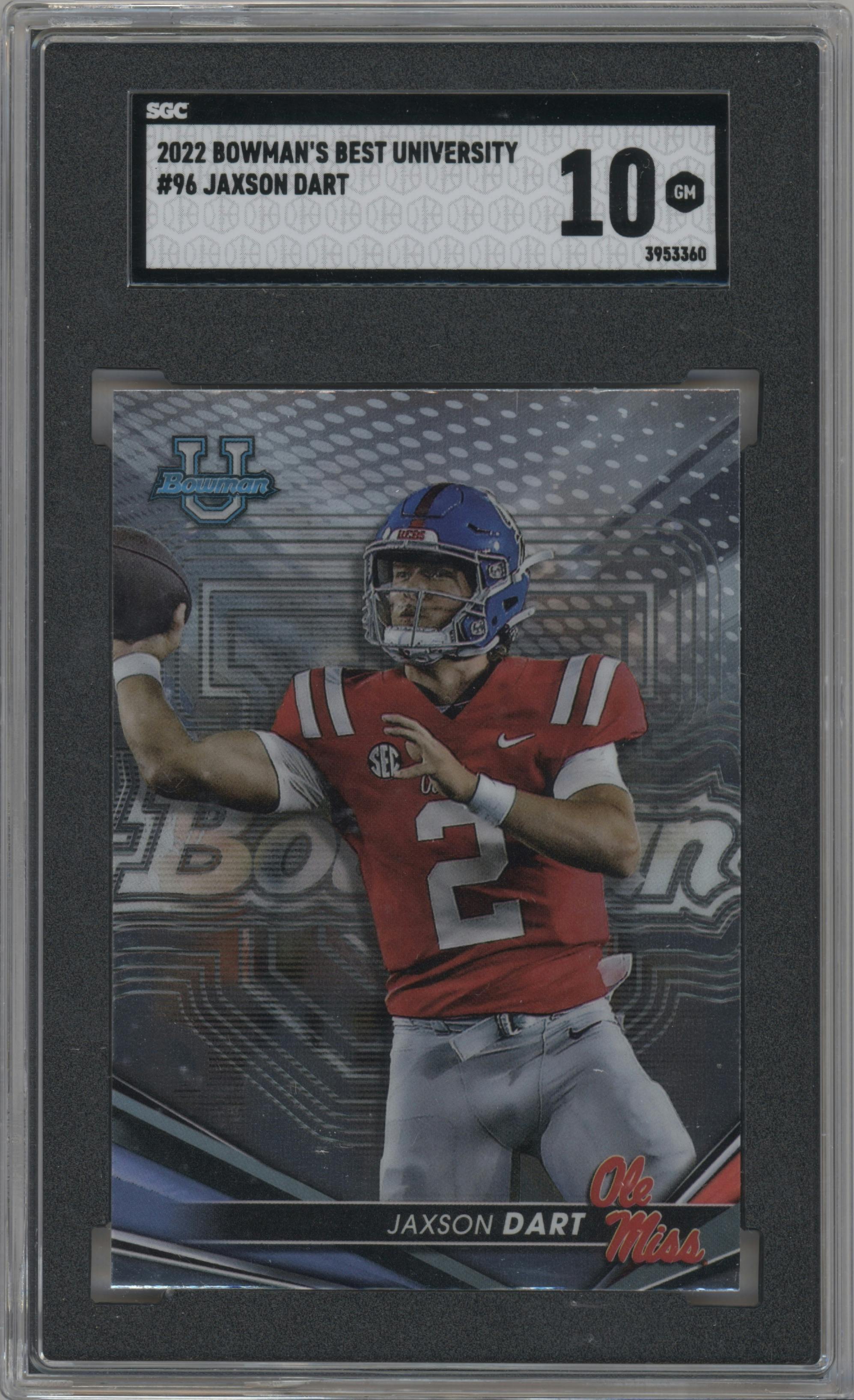 Jaxson Dart from the 2022-23 Bowman’s Best University  set graded by SGC and given an overall grade of 10.