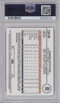 Parker Meadows from the 2024 Topps Chrome Sapphire set featuring a Green parallel graded by PSA and given an overall grade of 10.