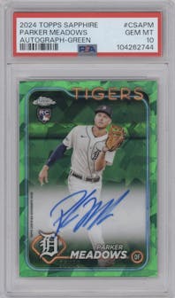 Parker Meadows from the 2024 Topps Chrome Sapphire set featuring a Green parallel graded by PSA and given an overall grade of 10.