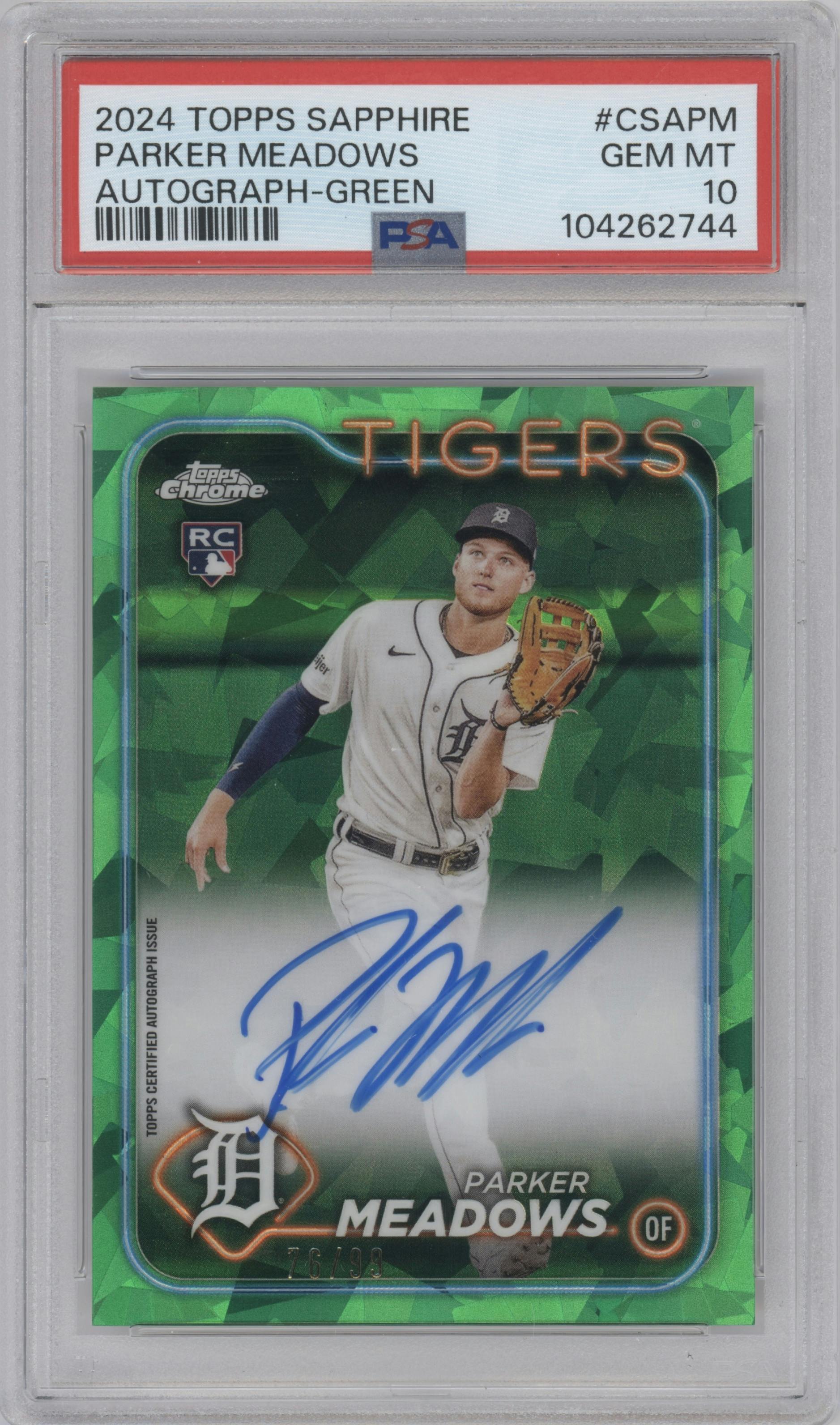 Parker Meadows from the 2024 Topps Chrome Sapphire set featuring a Green parallel graded by PSA and given an overall grade of 10.
