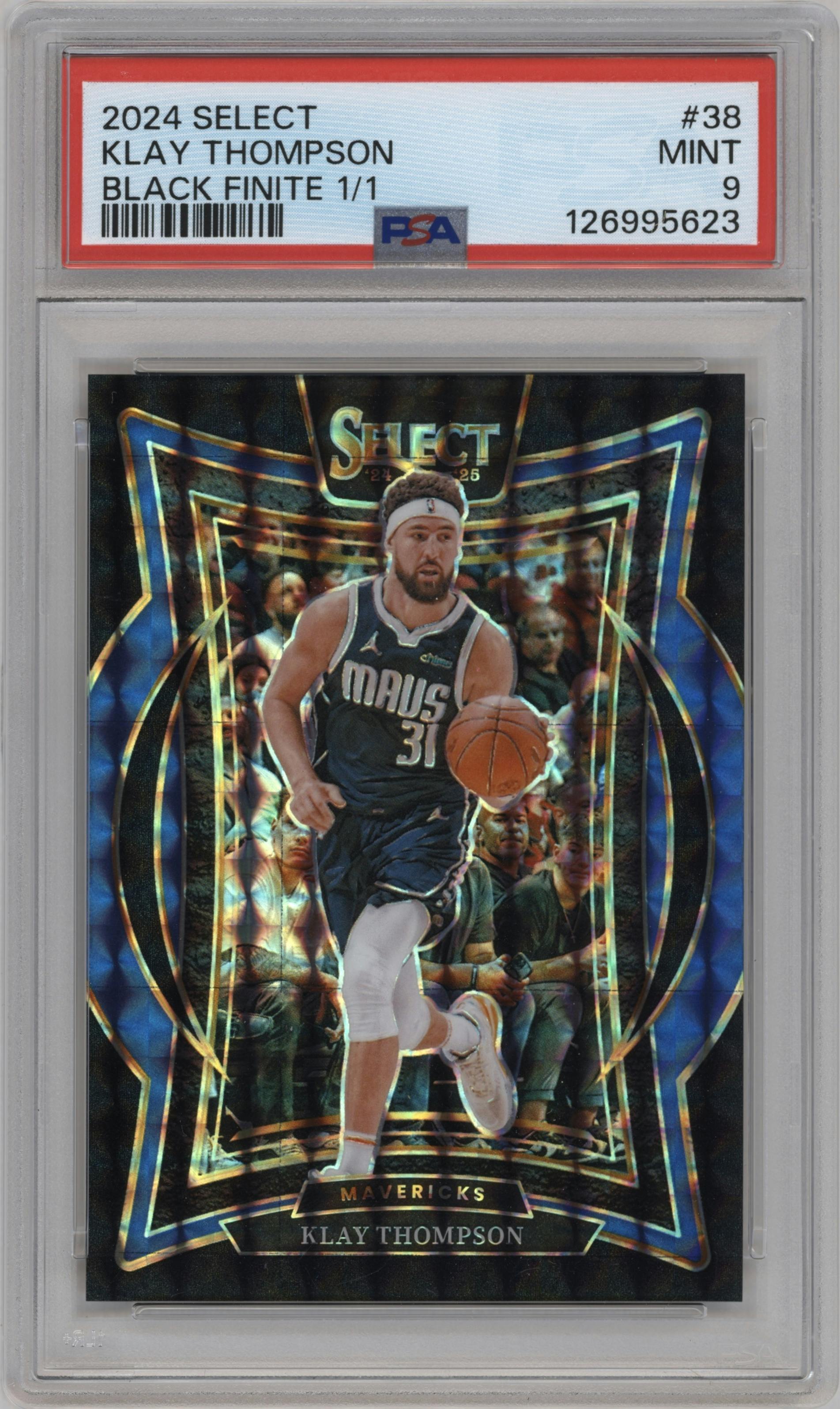 Klay Thompson from the 2024-25 Panini Select set featuring a Black Finite  parallel graded by PSA and given an overall grade of 9.