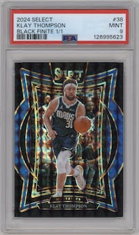Klay Thompson from the 2024-25 Panini Select set featuring a Black Finite parallel graded by PSA and given an overall grade of 9.