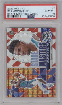 Brandon Miller from the 2023-24 Panini Mosaic set featuring a White Mosaic parallel graded by PSA and given an overall grade of 10.