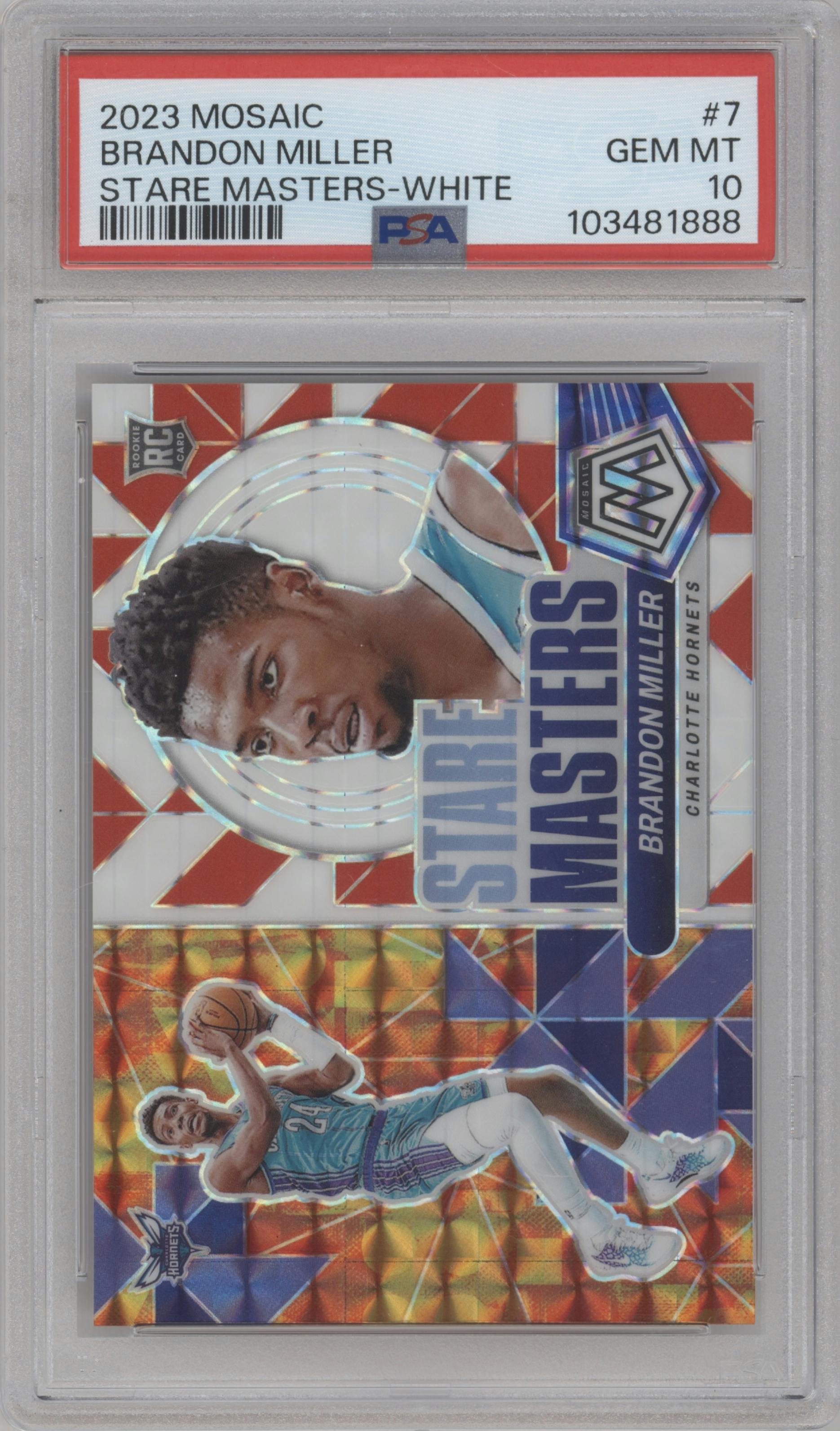 Brandon Miller from the 2023-24 Panini Mosaic set featuring a White Mosaic parallel graded by PSA and given an overall grade of 10.