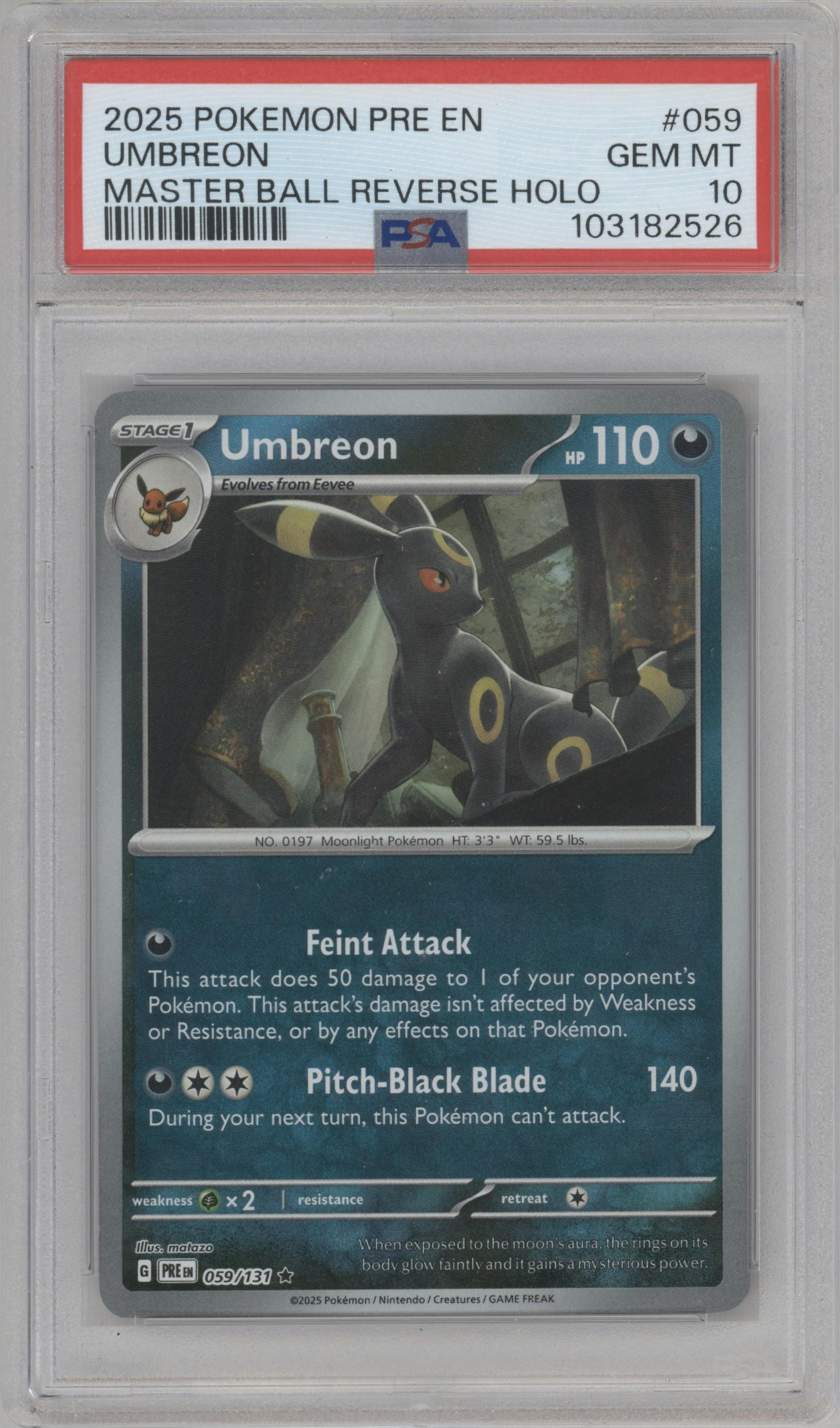 Umbreon from the 2025 Pokemon SV set featuring a Master Ball parallel graded by PSA and given an overall grade of 10.