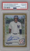 Jasson Dominguez from the 2020 Bowman set featuring a Gold Shimmer Refractor  parallel graded by PSA and given an overall grade of 10.