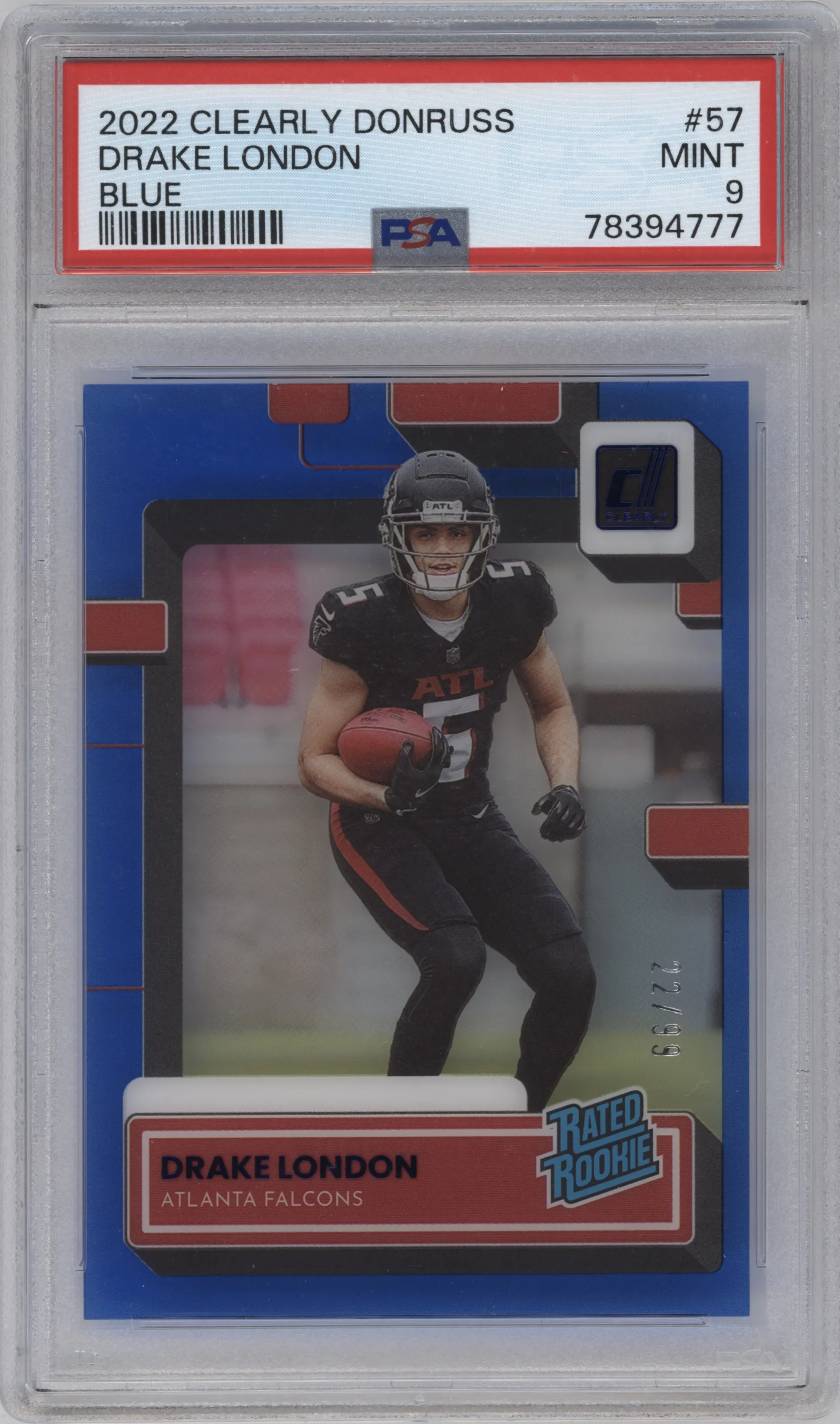 2022 Clearly Donruss Rated Rookie Drake London Blue PSA 9