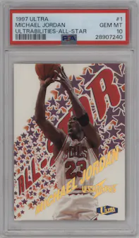 Michael Jordan from the 1997-98 Fleer Ultra set graded by PSA and given an overall grade of 10.
