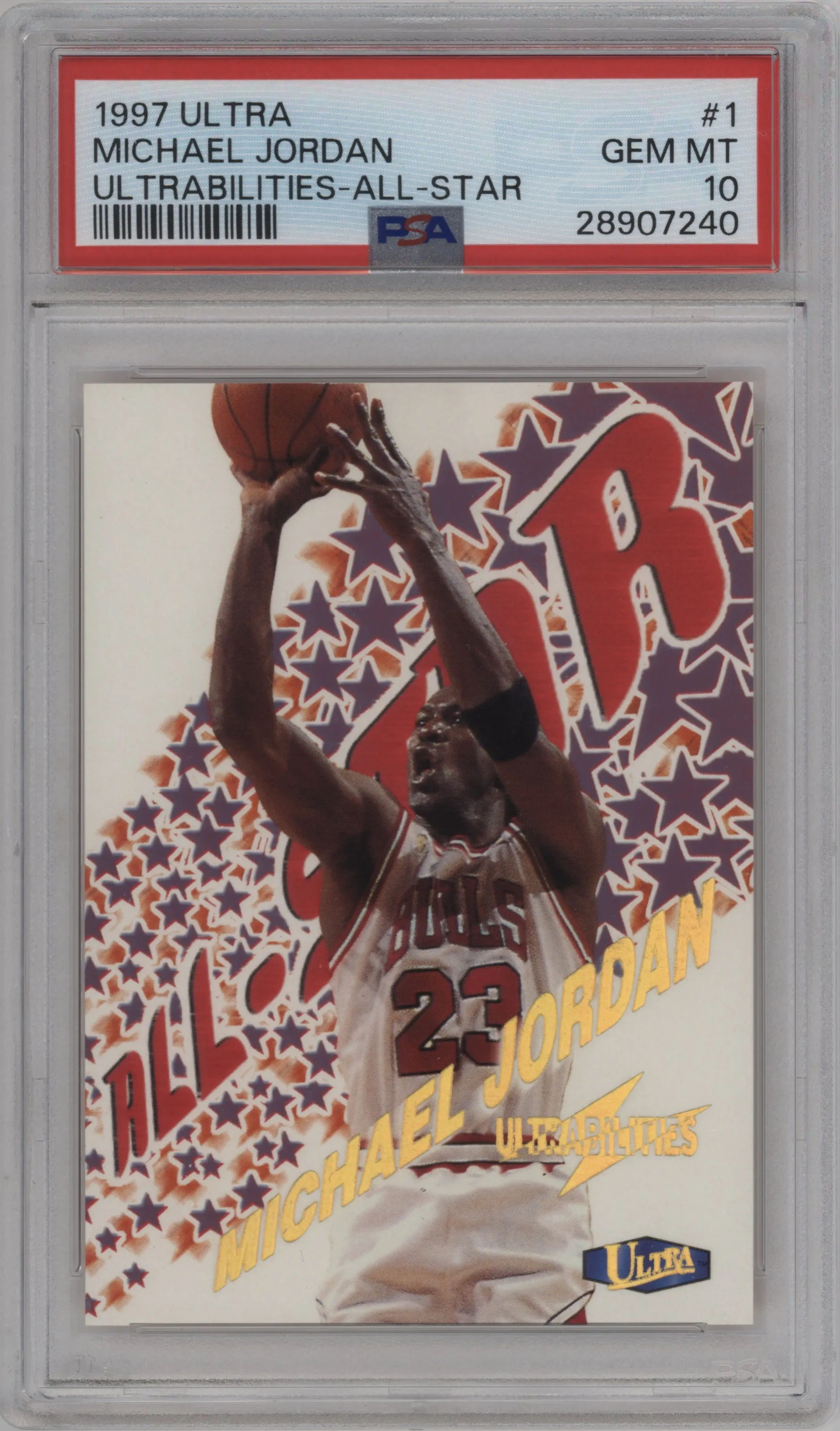 Michael Jordan from the 1997-98 Fleer Ultra set graded by PSA and given an overall grade of 10.