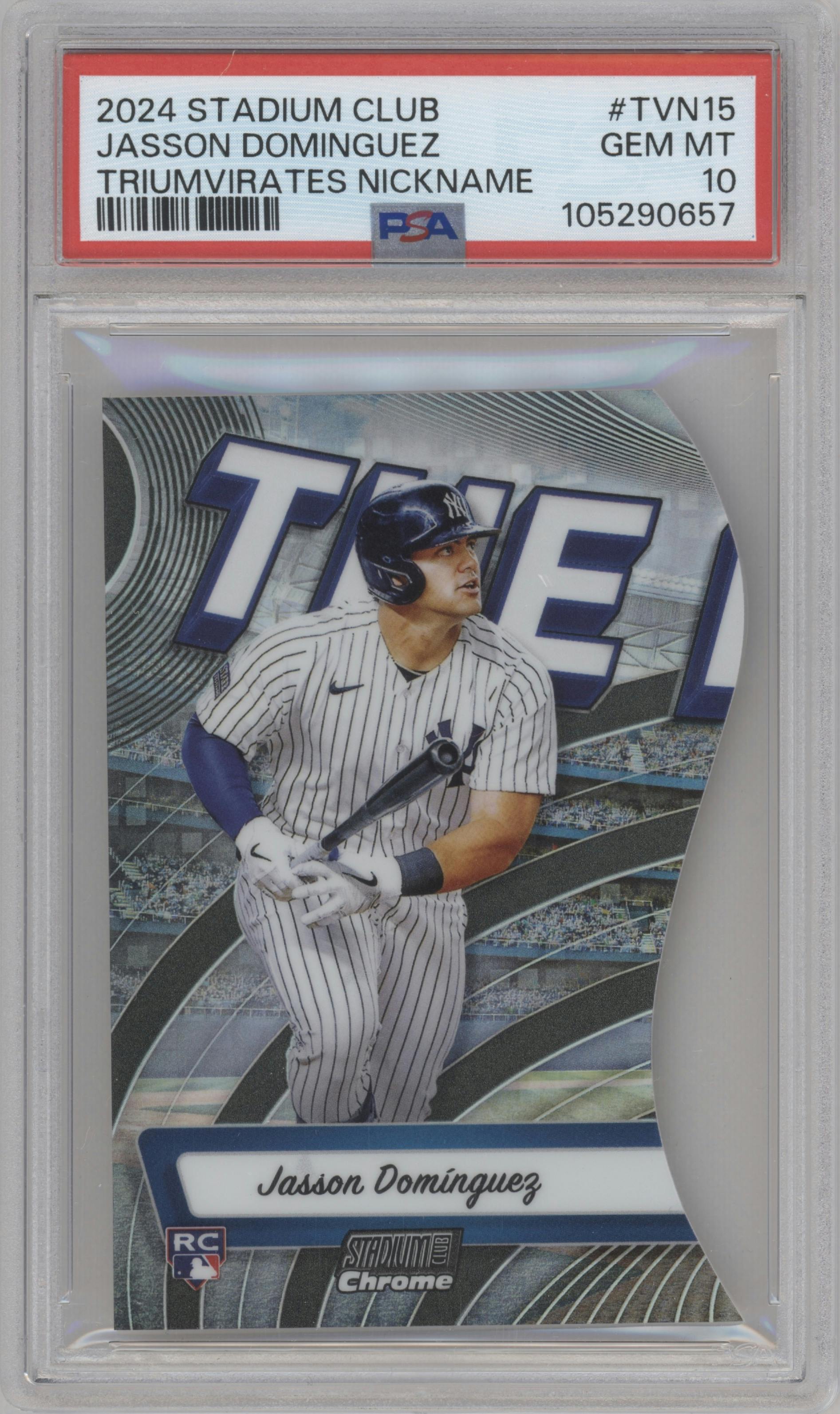 Jasson Dominguez from the 2024 Topps Stadium Club set graded by PSA and given an overall grade of 10.