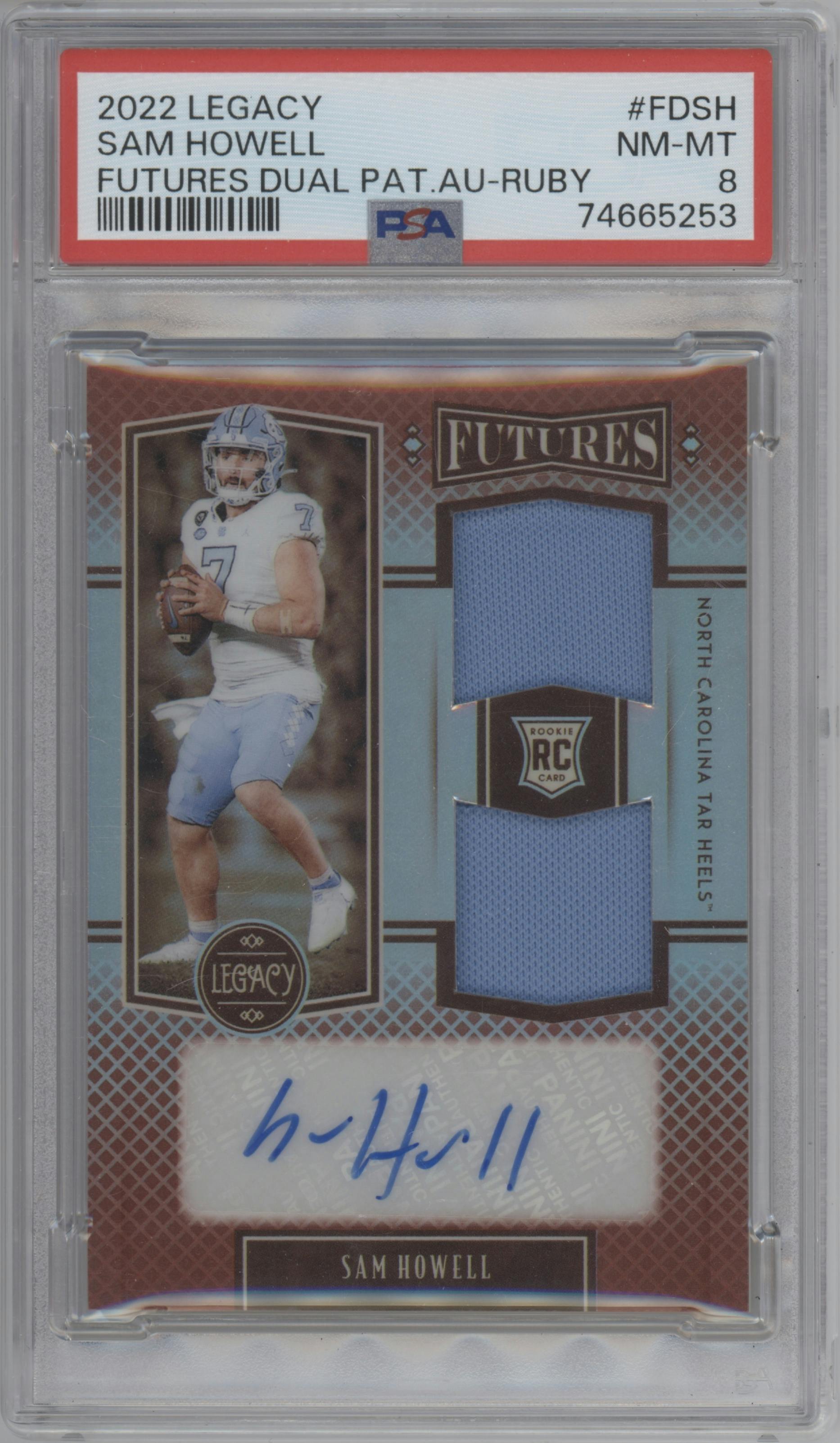 Sam Howell from the 2022 Panini Legacy set featuring a Ruby parallel graded by PSA and given an overall grade of 8.