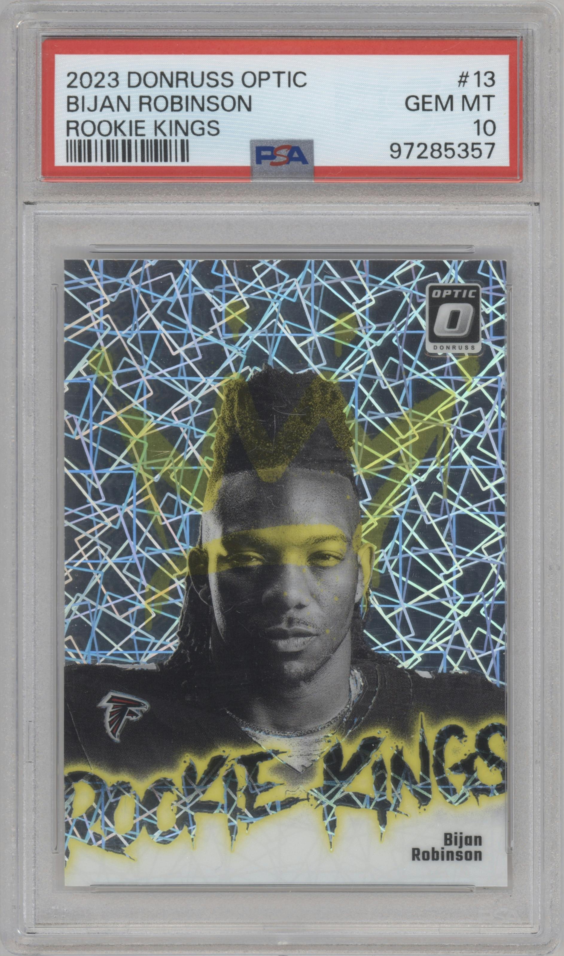 Bijan Robinson from the 2023 Donruss Optic set graded by PSA and given an overall grade of 10.