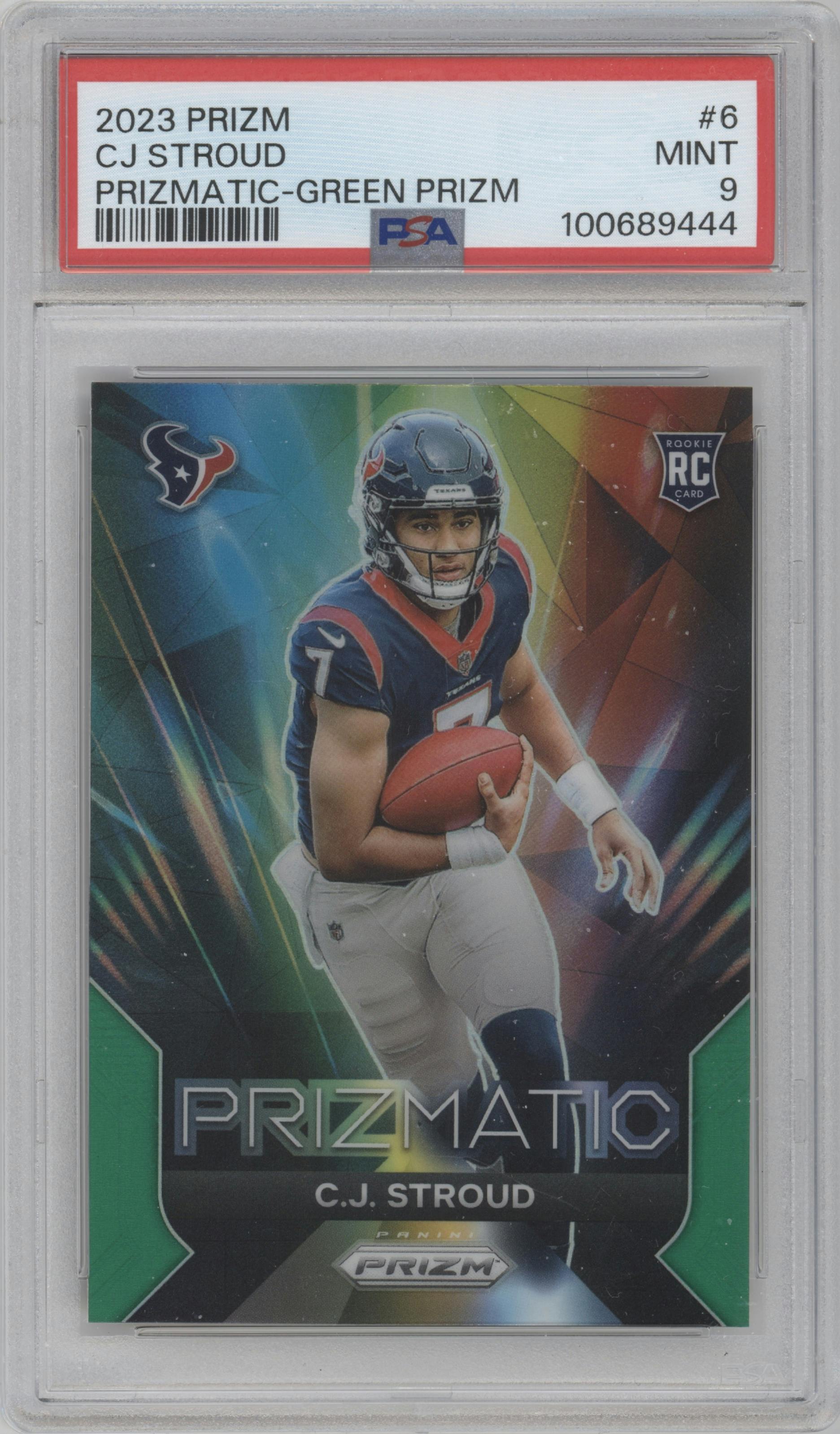 C.J. Stroud from the 2023 Panini Prizm set featuring a Green Prizm parallel graded by PSA and given an overall grade of 9.