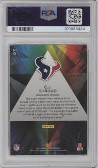 C.J. Stroud from the 2023 Panini Prizm set featuring a Green Prizm parallel graded by PSA and given an overall grade of 9.