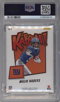 Malik Nabers from the 2024 Panini Absolute set graded by PSA and given an overall grade of 10.