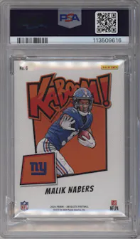 Malik Nabers from the 2024 Panini Absolute set graded by PSA and given an overall grade of 10.