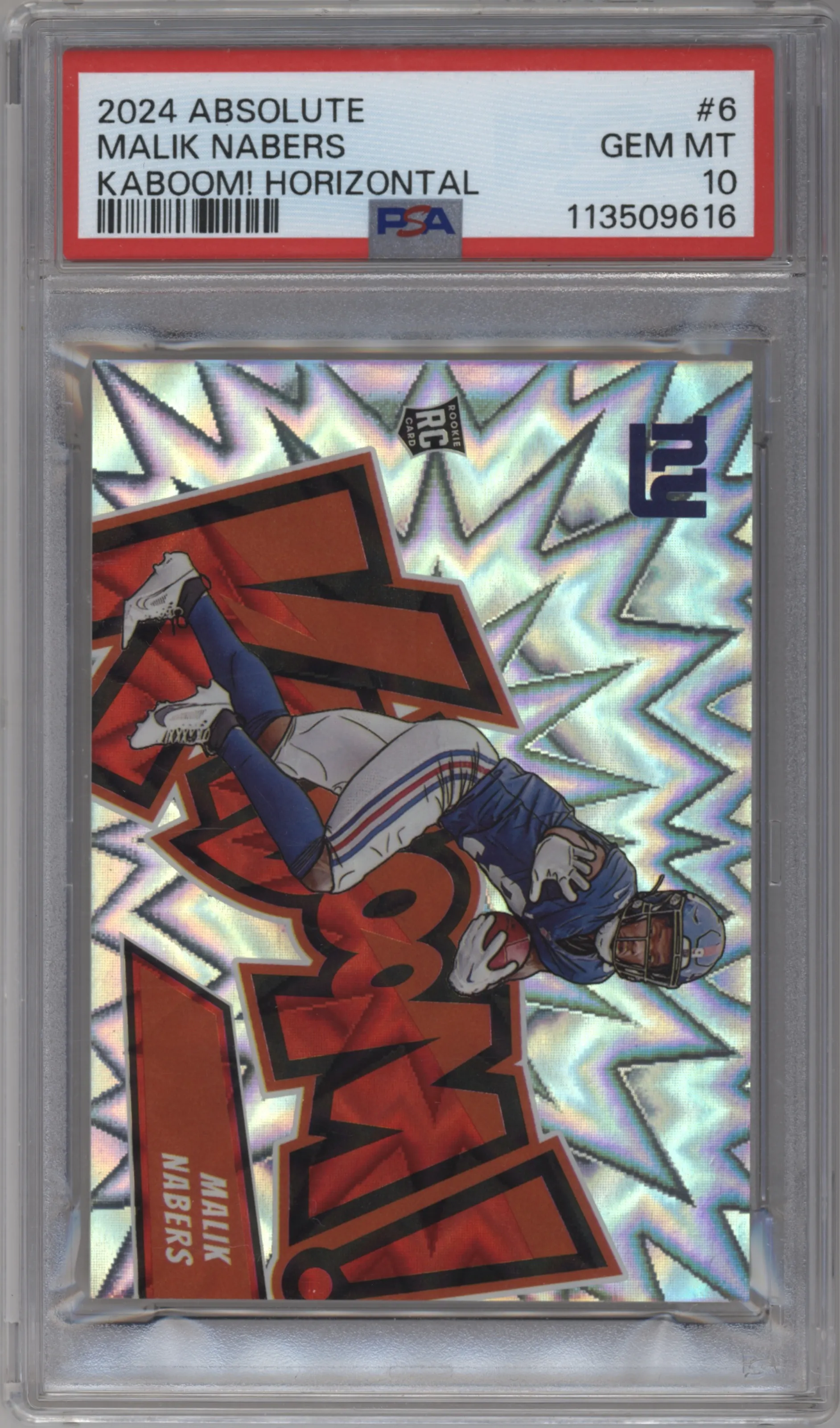 Malik Nabers from the 2024 Panini Absolute set graded by PSA and given an overall grade of 10.