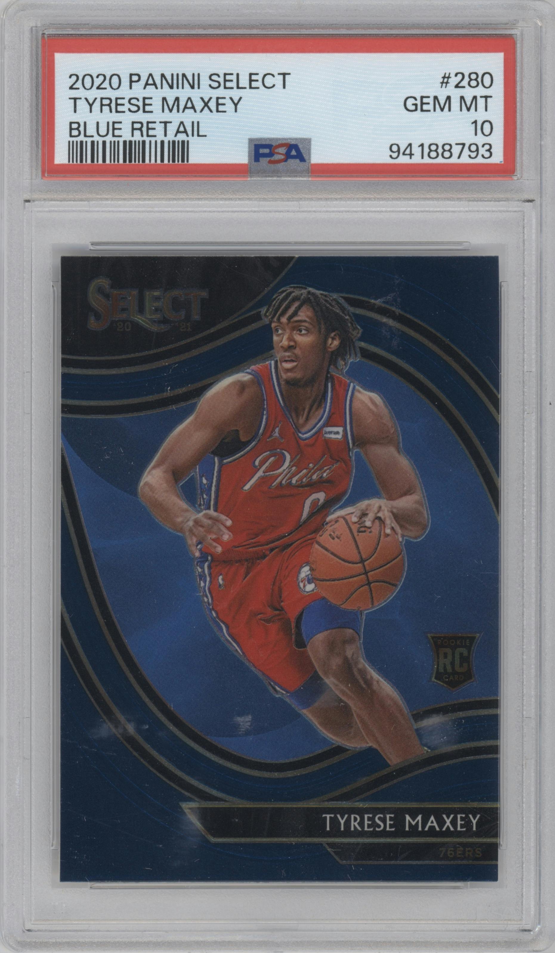 Tyrese Maxey from the 2020-21 Panini Select  set featuring a Blue Retail parallel graded by PSA and given an overall grade of 10.