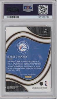 Tyrese Maxey from the 2020-21 Panini Select  set featuring a Blue Retail parallel graded by PSA and given an overall grade of 10.