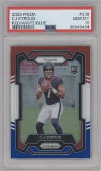 C.J. Stroud from the 2023 Panini Prizm set featuring a Red/White/Blue parallel graded by PSA and given an overall grade of 10.
