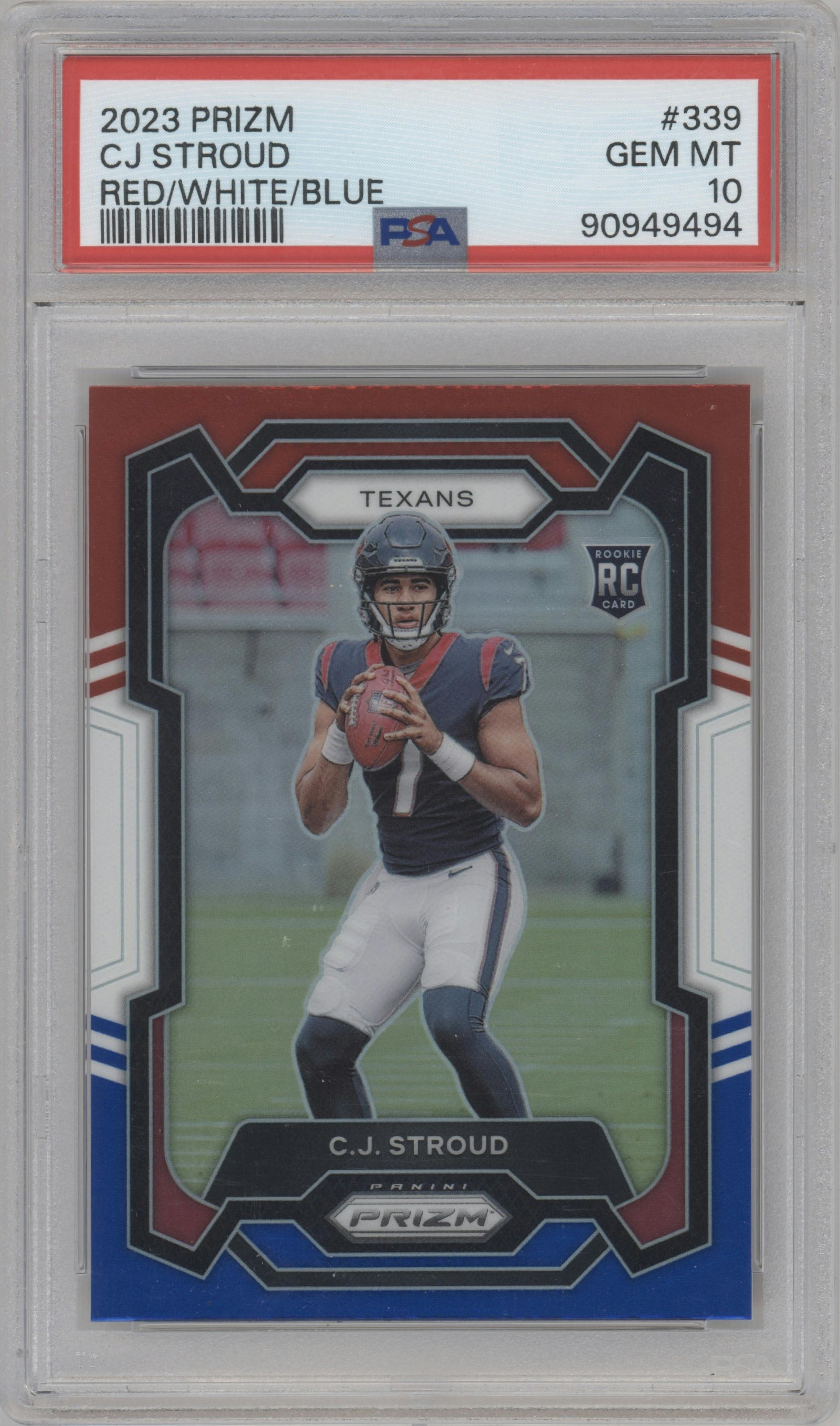 C.J. Stroud from the 2023 Panini Prizm set featuring a Red/White/Blue parallel graded by PSA and given an overall grade of 10.