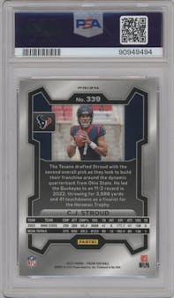 C.J. Stroud from the 2023 Panini Prizm set featuring a Red/White/Blue parallel graded by PSA and given an overall grade of 10.