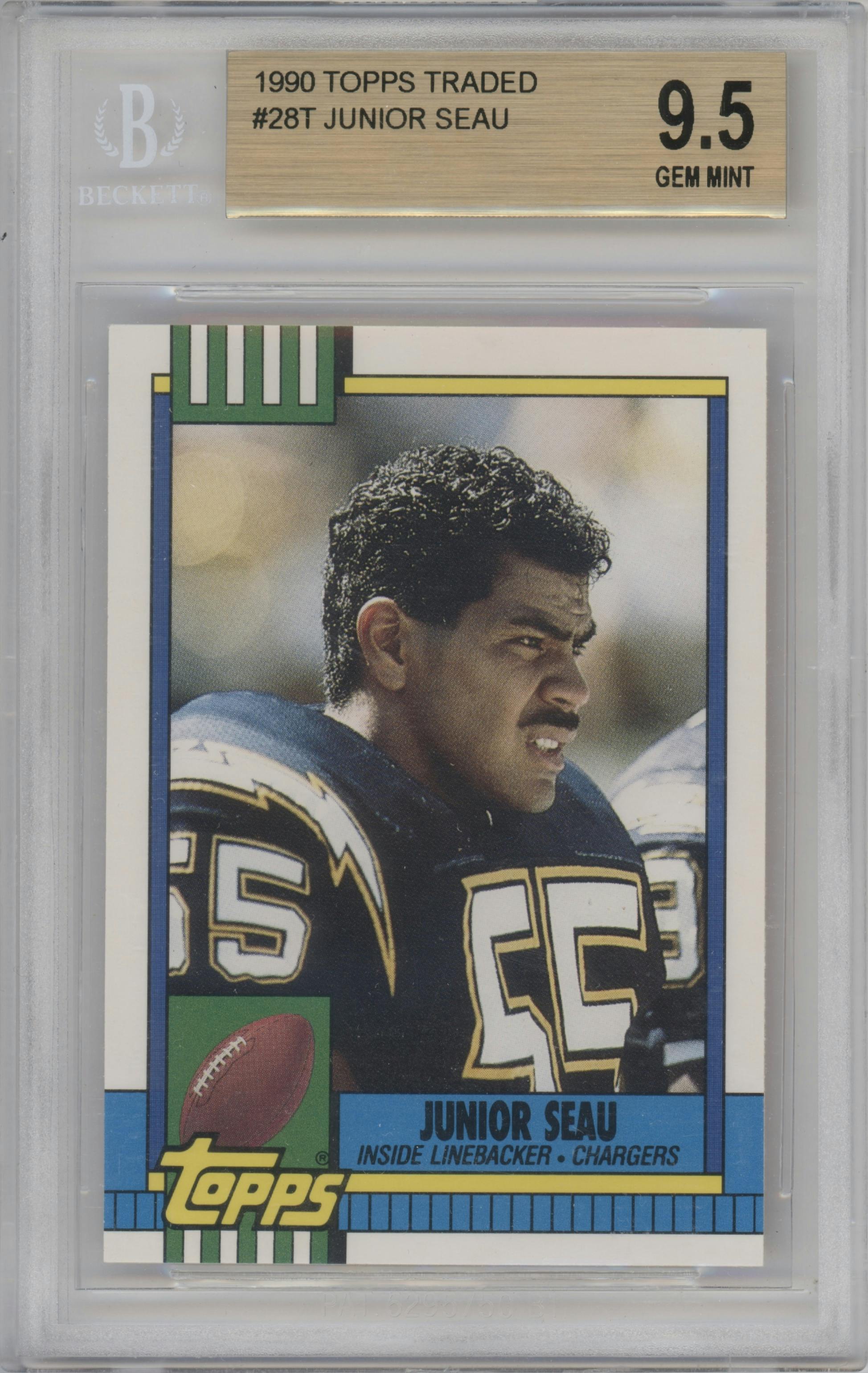 Junior Seau from the 1990 Topps Traded set graded by Beckett and given an overall grade of 9.5.