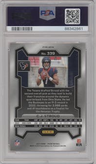 C.J. Stroud from the 2023 Panini Prizm set featuring a Lazer parallel graded by PSA and given an overall grade of 9.