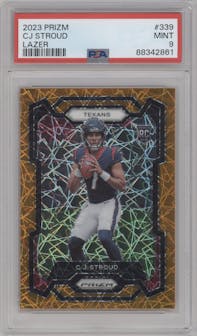 C.J. Stroud from the 2023 Panini Prizm set featuring a Lazer parallel graded by PSA and given an overall grade of 9.