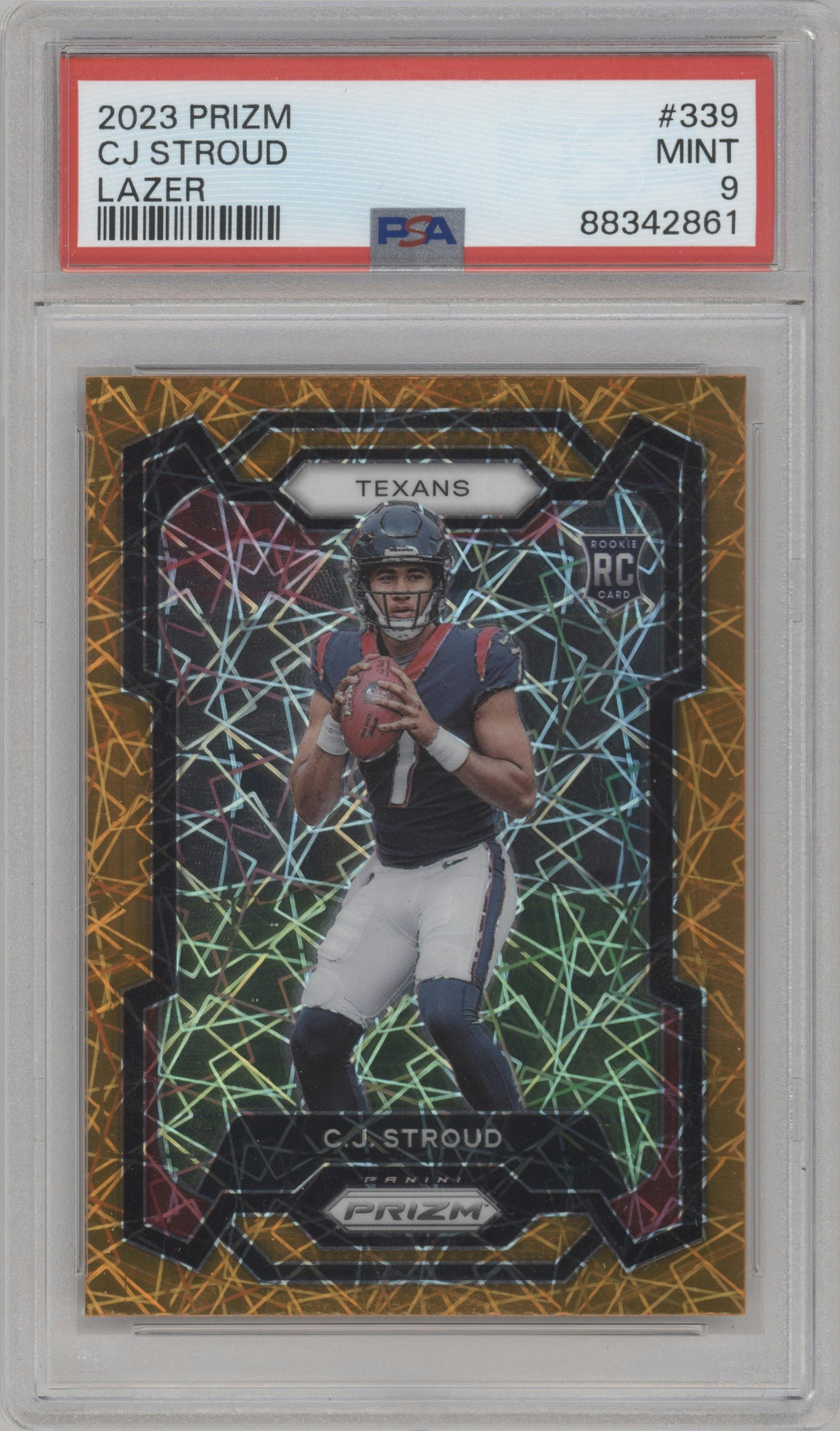 C.J. Stroud from the 2023 Panini Prizm set featuring a Lazer parallel graded by PSA and given an overall grade of 9.