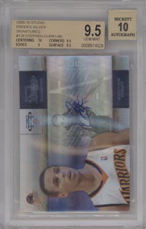 Stephen Curry  from the 2009-10 Panini Studio set featuring a Proofs Silver parallel graded by Beckett and given an overall grade of 9.5.