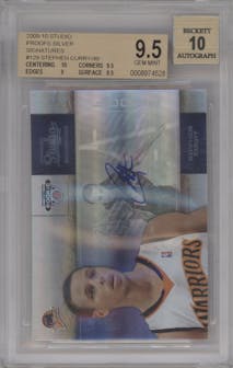 Stephen Curry  from the 2009-10 Panini Studio set featuring a Proofs Silver parallel graded by Beckett and given an overall grade of 9.5.