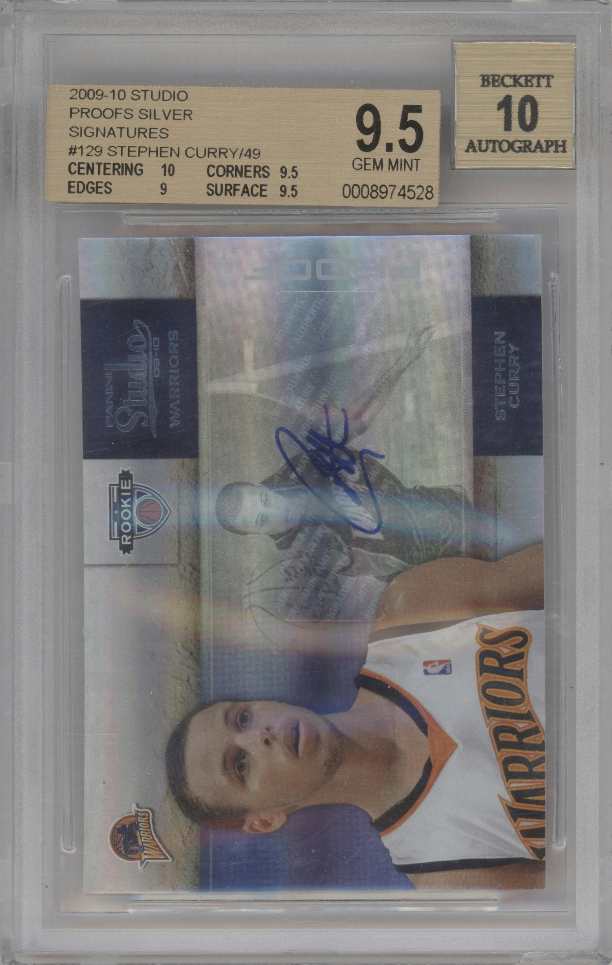 Stephen Curry  from the 2009-10 Panini Studio set featuring a Proofs Silver parallel graded by Beckett and given an overall grade of 9.5.