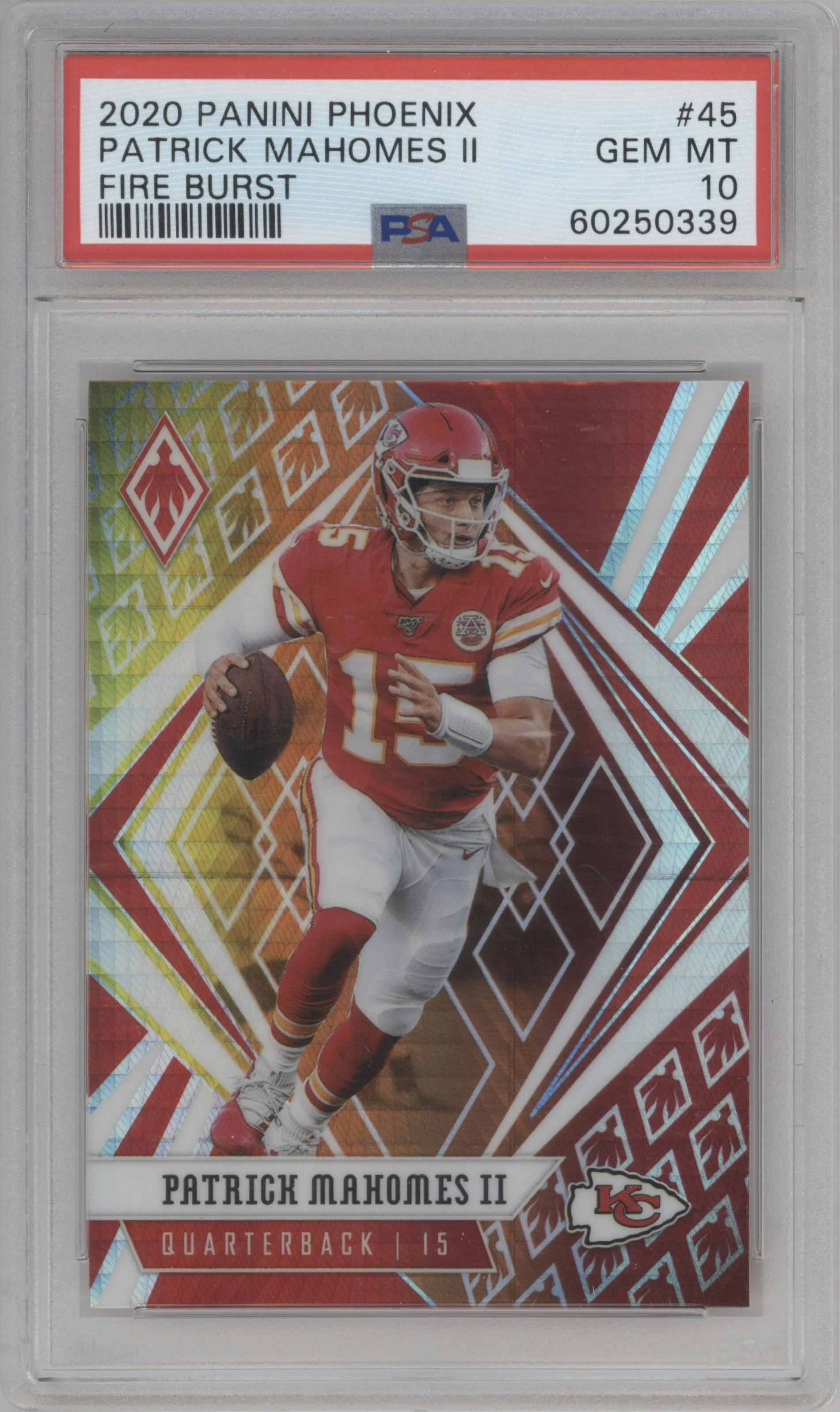 Patrick Mahomes II from the 2020 Panini Phoenix set featuring a Fire Burst parallel graded by PSA and given an overall grade of 10.