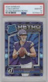 J.J. McCarthy from the 2024 Donruss set graded by PSA and given an overall grade of 10.