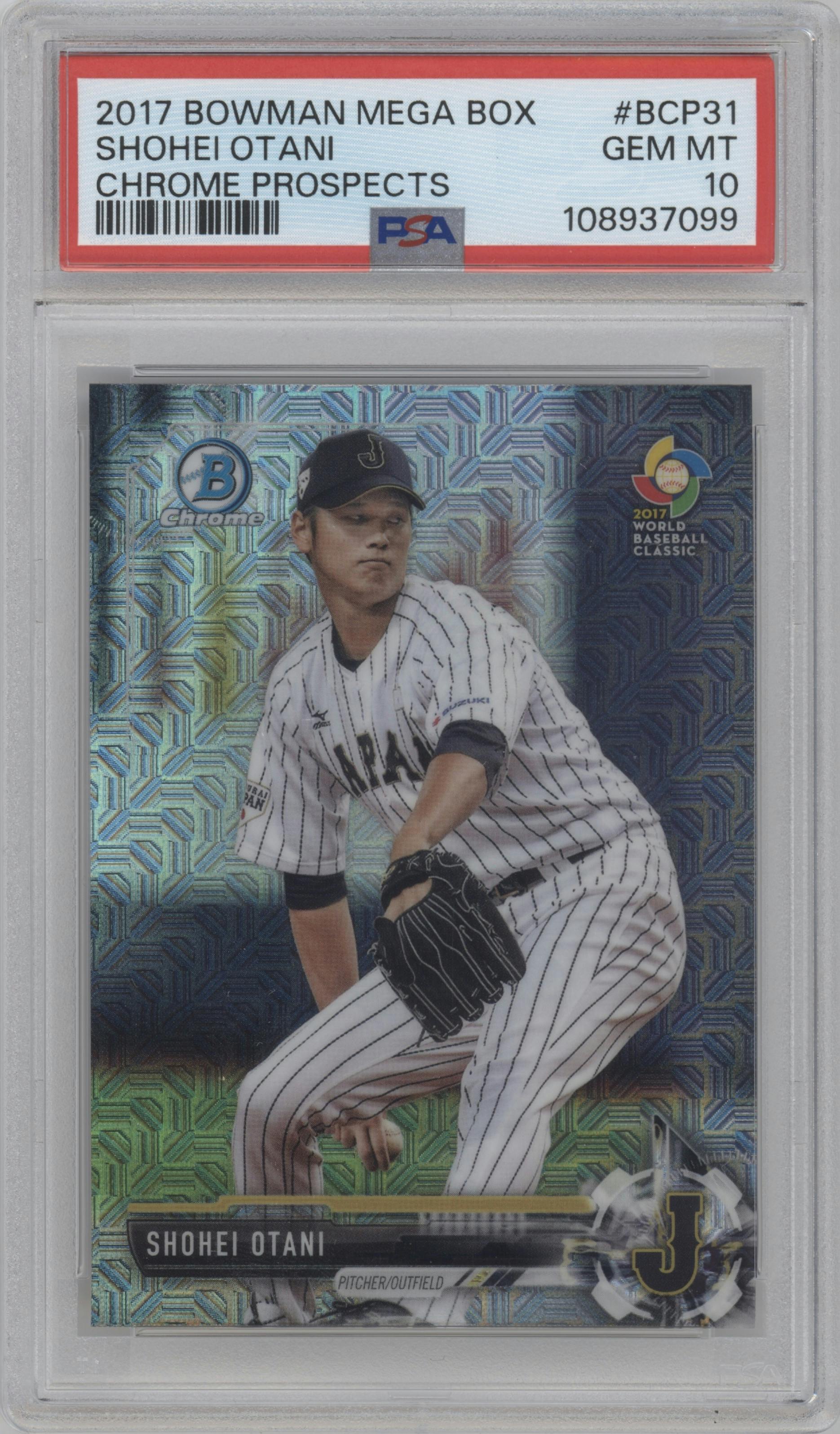 Shohei Ohtani from the 2017 Bowman Mega Box Chrome set graded by PSA and given an overall grade of 10.