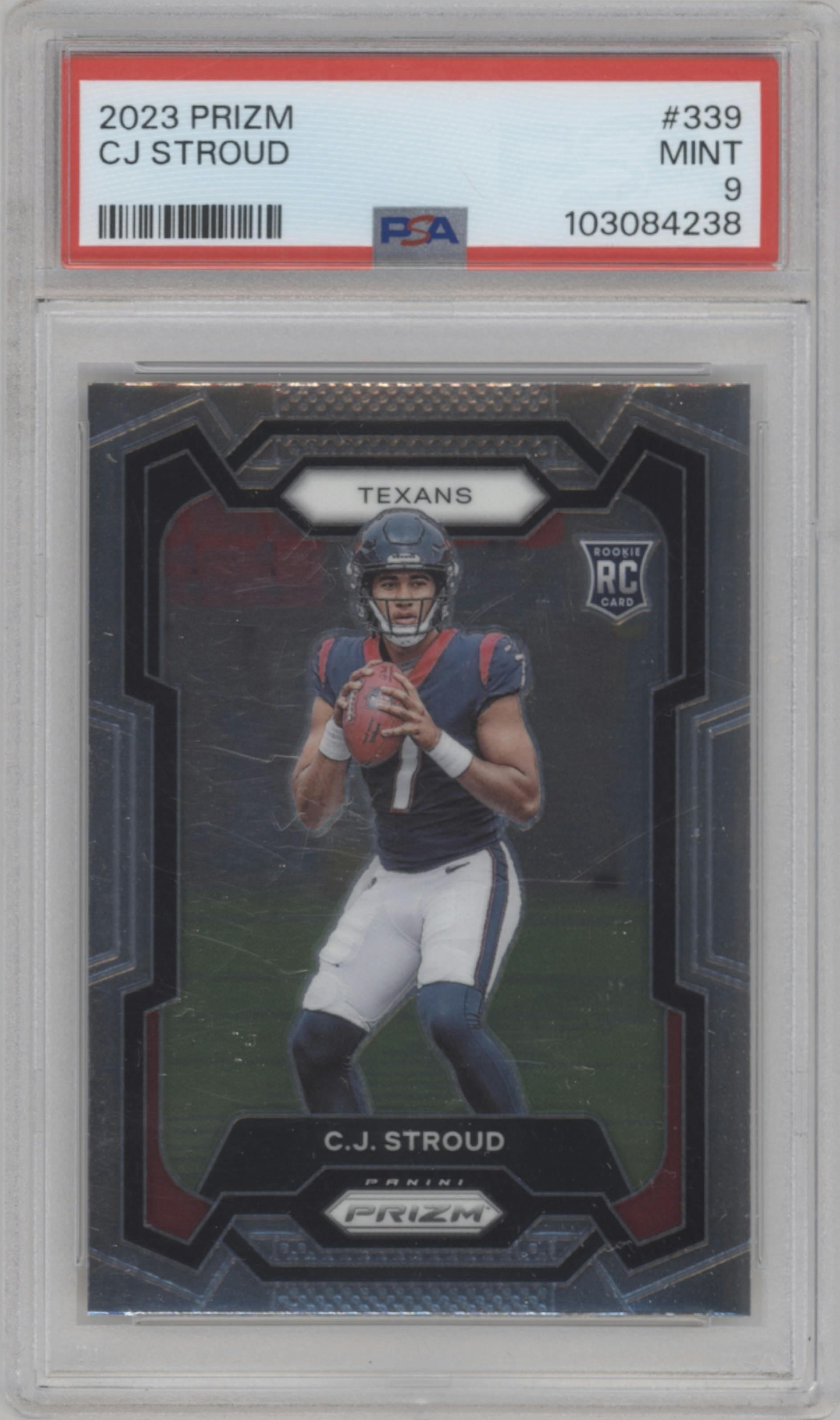 C.J. Stroud from the 2023 Panini Prizm set graded by PSA and given an overall grade of 9.