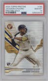 Jackson Chourio from the 2024 Topps Pristine set featuring a Gold Pristine Refractor parallel graded by PSA and given an overall grade of 10.