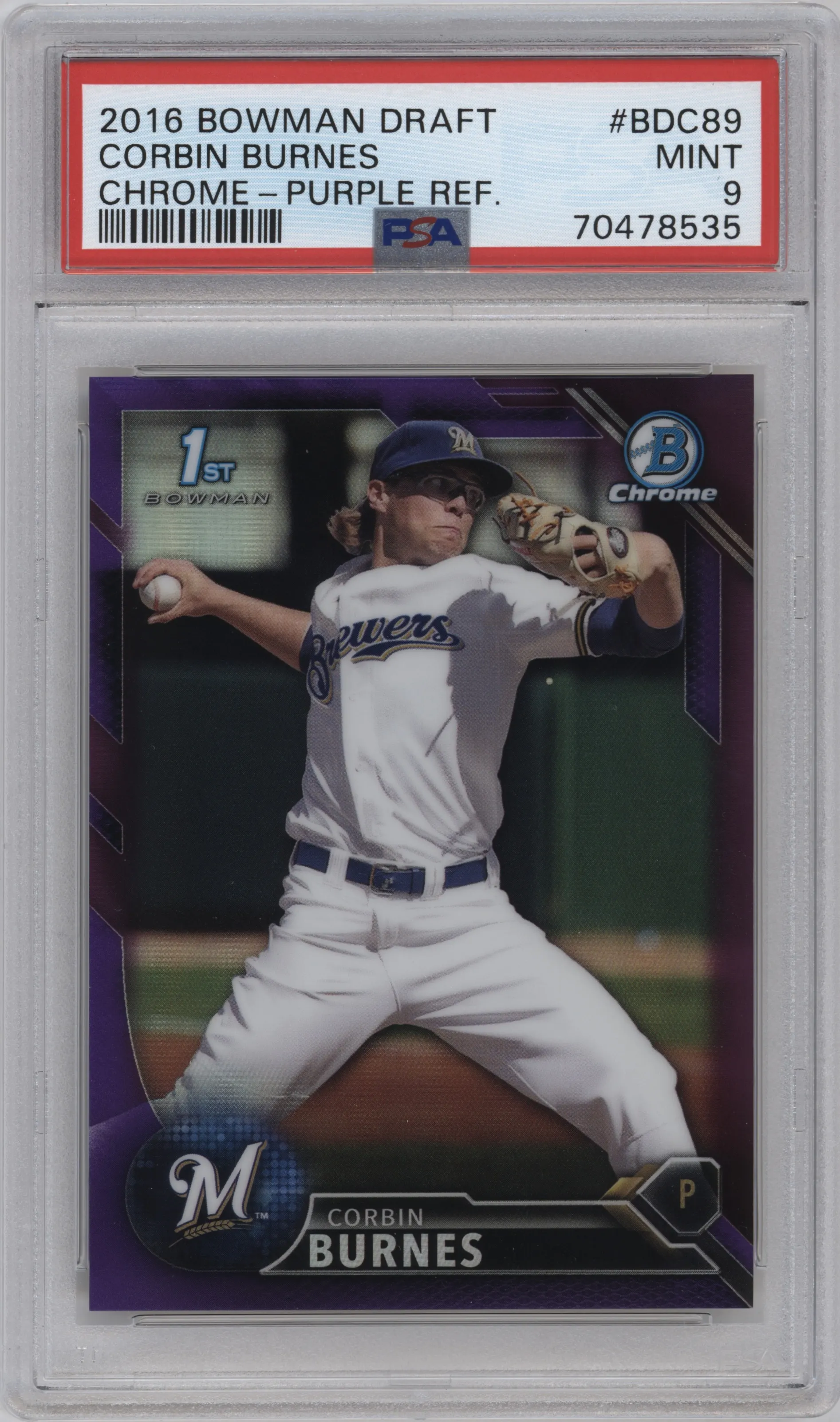2016 Bowman Draft Chrome Corbin Burnes Purple Refractor PSA 9