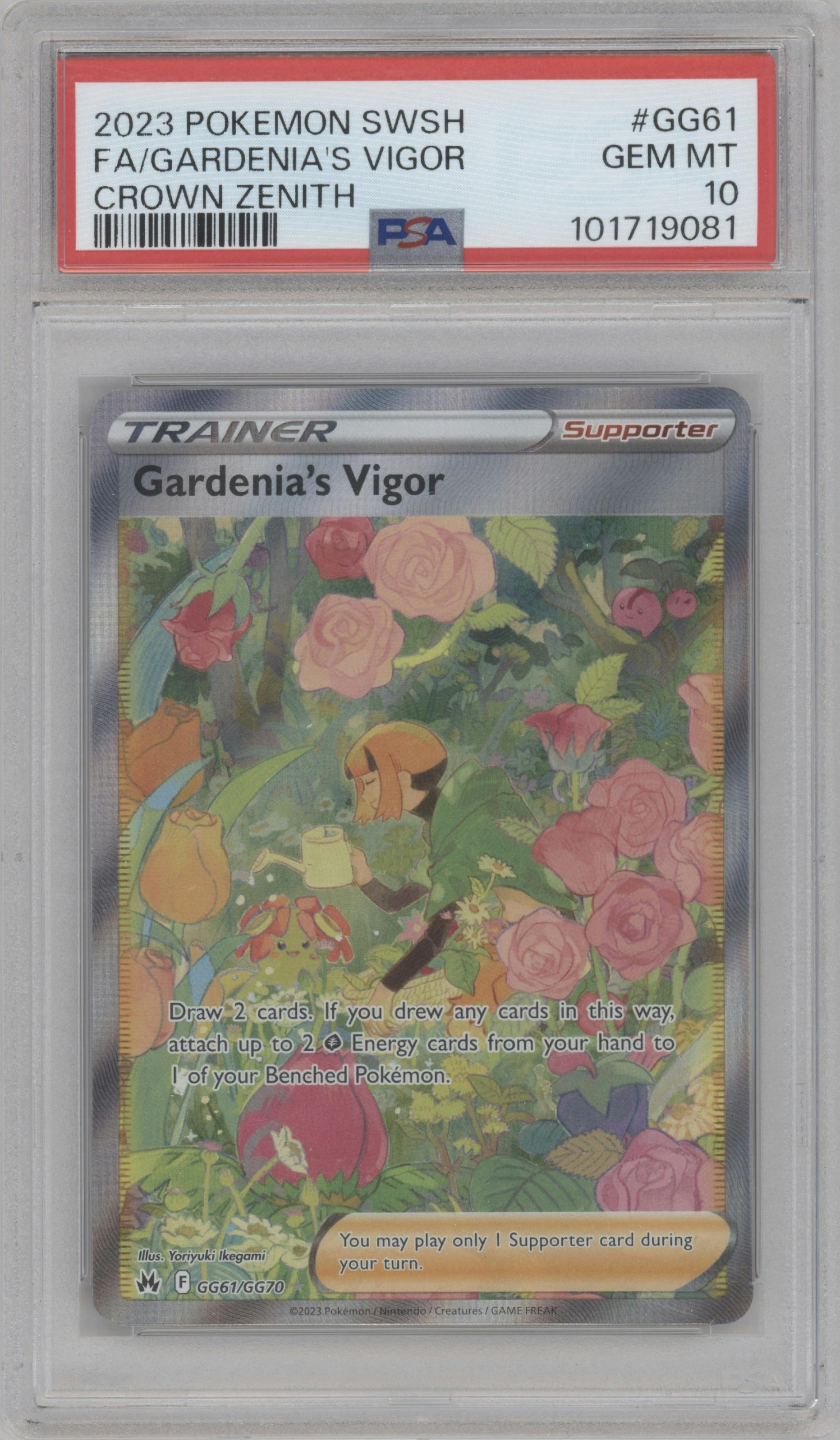 Gardenia's Vigor from the 2023 Pokemon SWSH set graded by PSA and given an overall grade of 10.