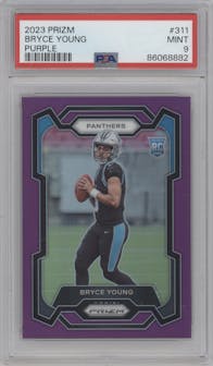 Bryce Young from the 2023 Panini Prizm set featuring a Purple Prizm parallel graded by PSA and given an overall grade of 9.