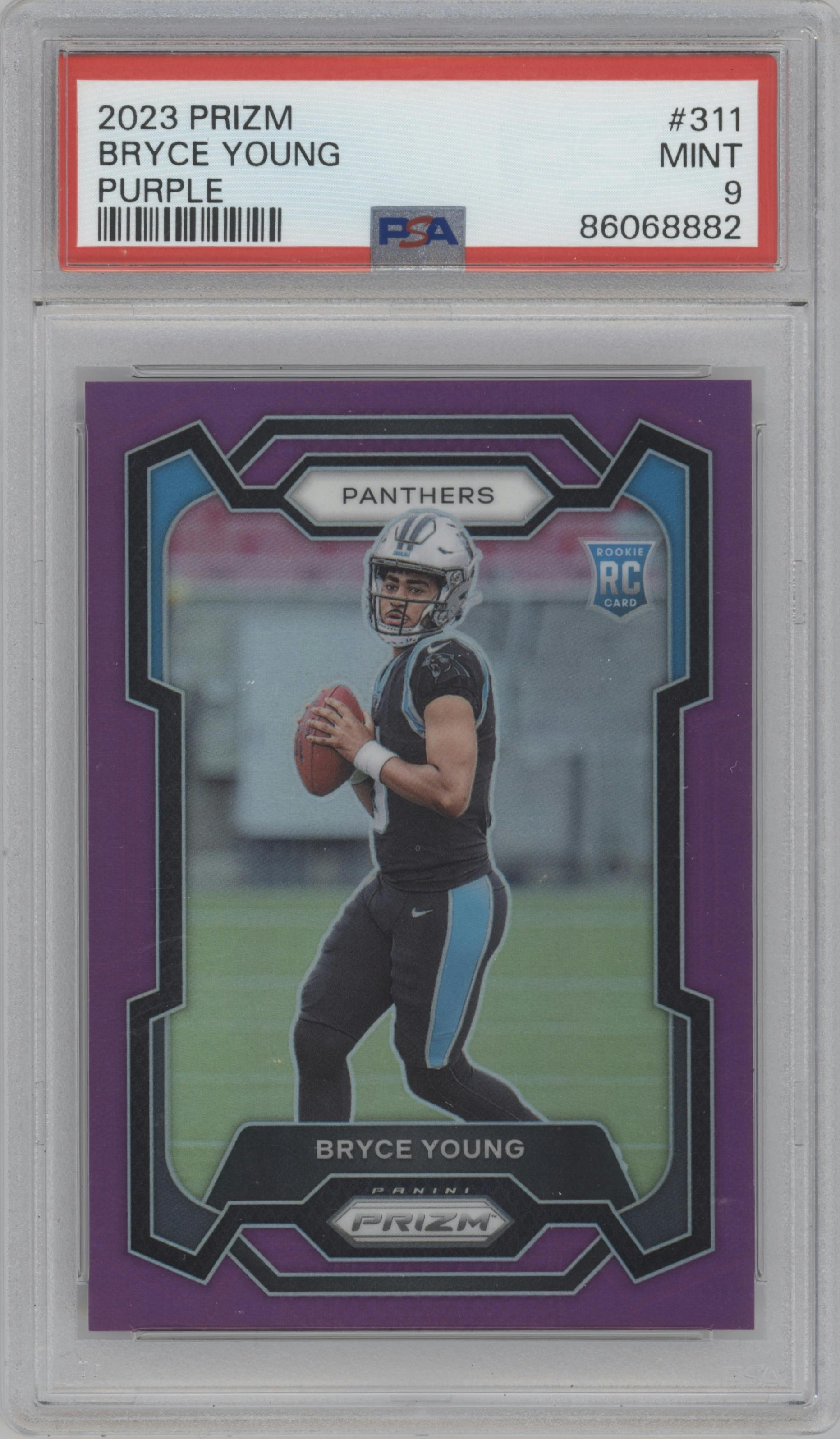 Bryce Young from the 2023 Panini Prizm set featuring a Purple Prizm parallel graded by PSA and given an overall grade of 9.
