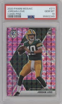 Jordan Love from the 2020 Panini Mosaic set featuring a Pink Camo parallel graded by PSA and given an overall grade of 10.
